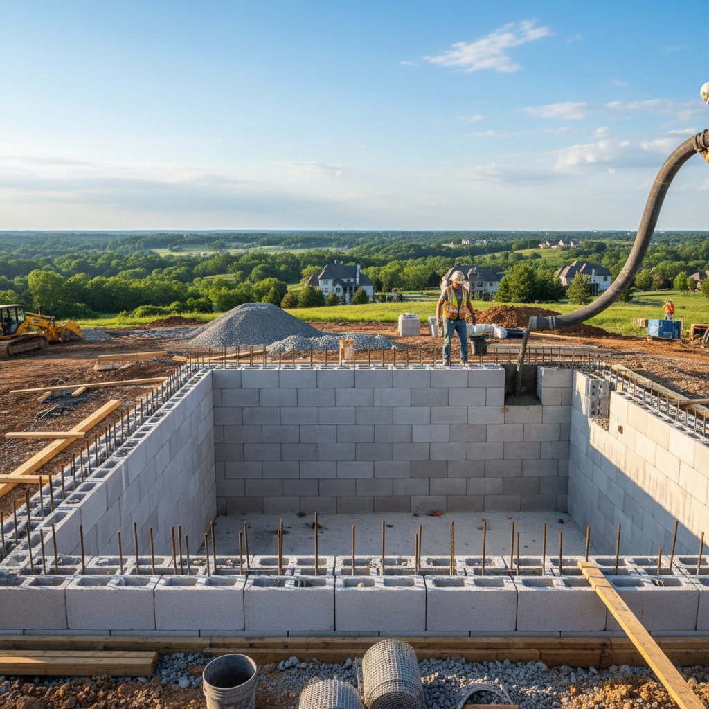 ICF foam blocks stacked during pool construction in Nashville backyard