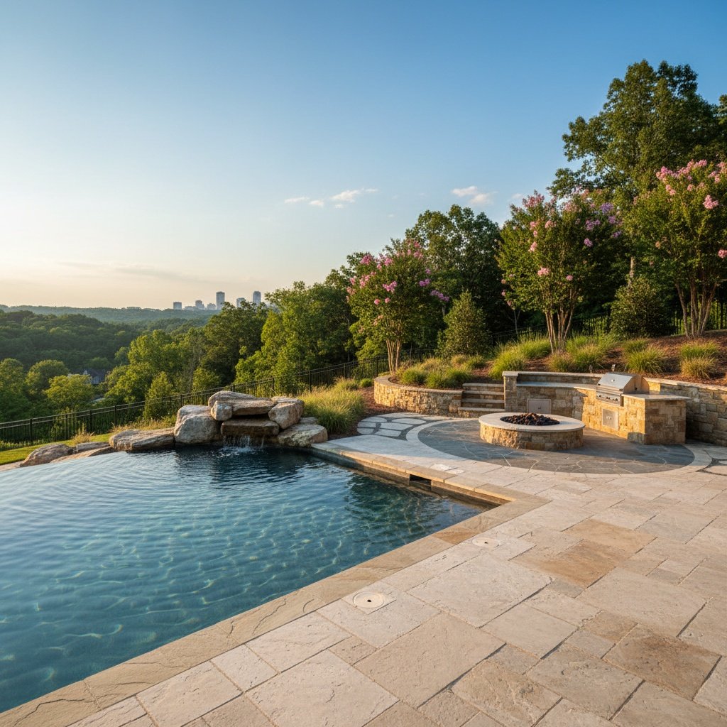 Professional hardscape patio surrounding custom pool in Nashville backyard