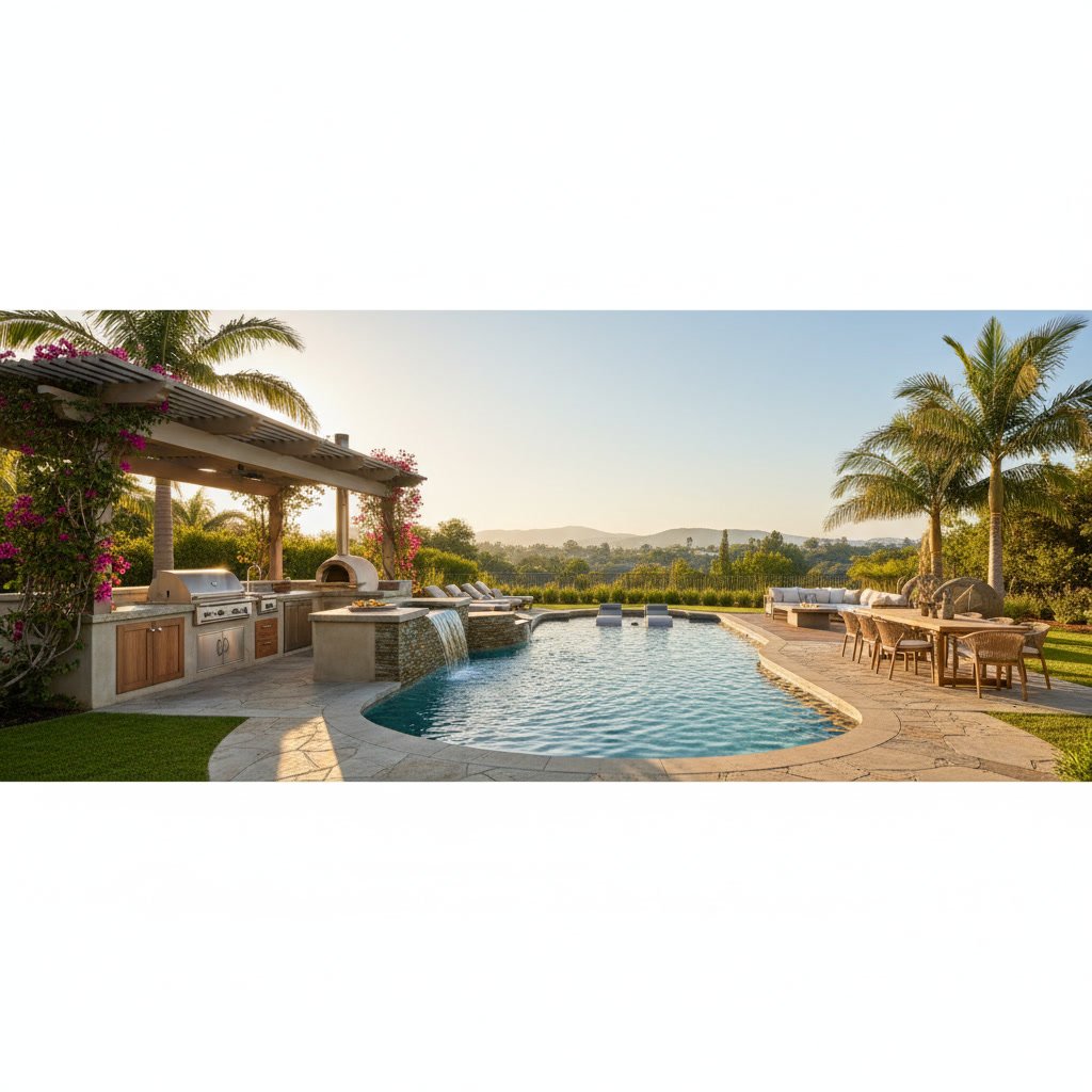 Outdoor kitchen design Brentwood with built-in grill next to custom pool