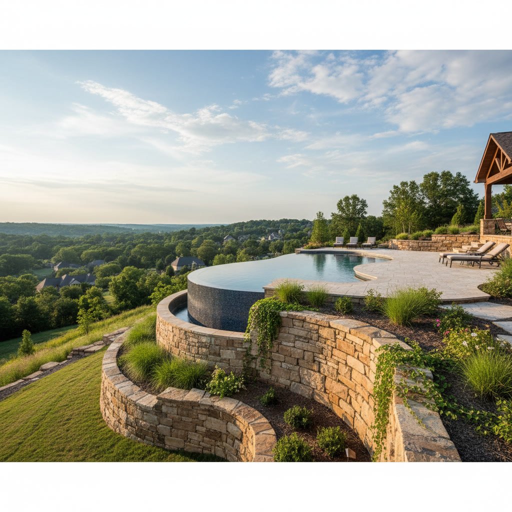 Custom pool with engineered retaining wall on sloped Smyrna Tennessee backyard