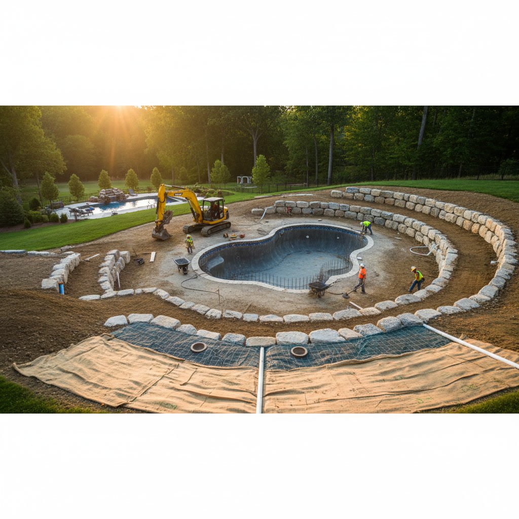 Excavation and grading for retaining wall construction on a sloped backyard pool site