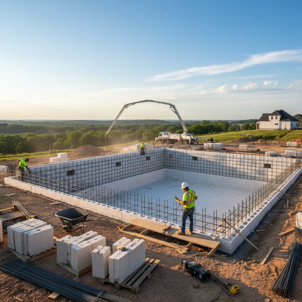 Steel reinforcement installed in ICF pool walls before concrete pour in Tennessee