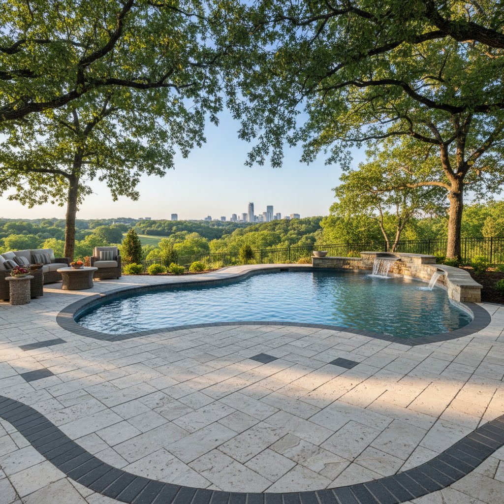 Stone hardscape retaining wall and patio around concrete pool in Nashville