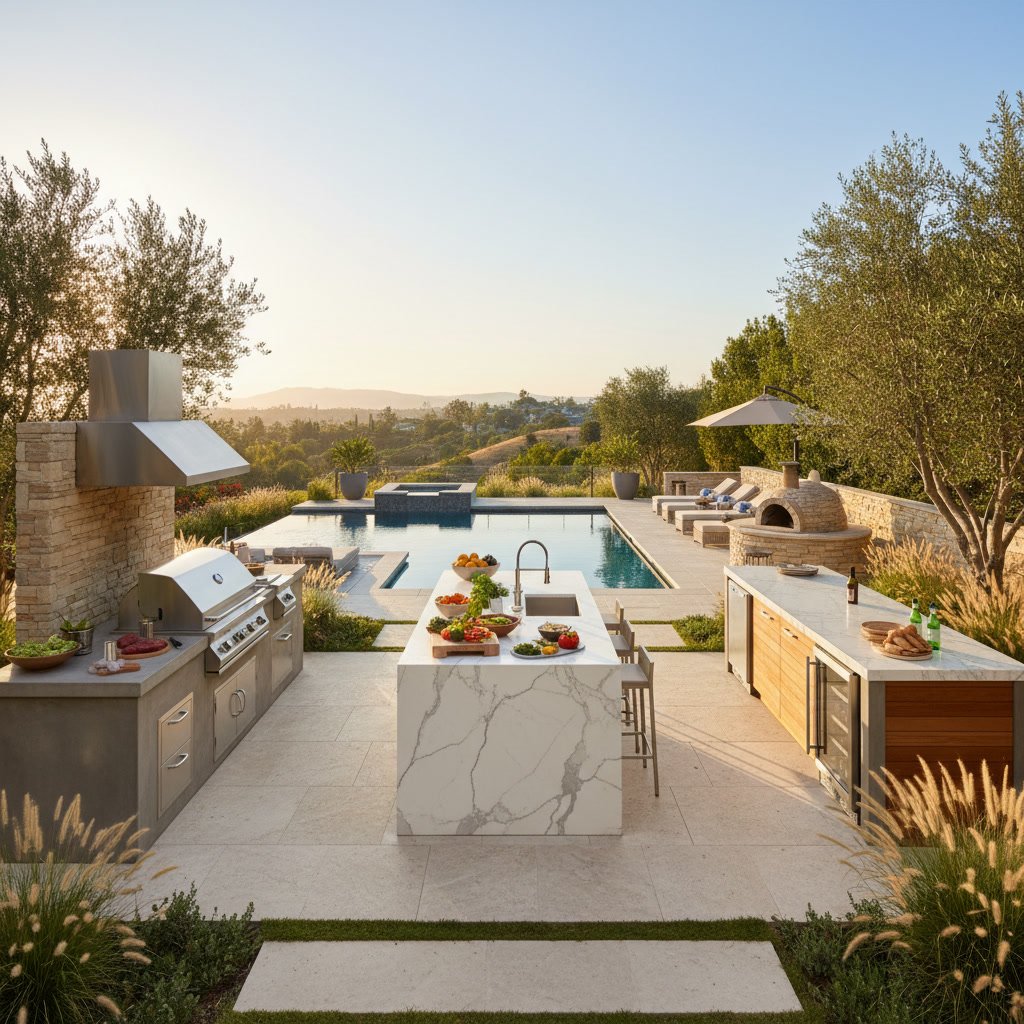 Brentwood outdoor kitchen with stone countertops and pool water features in background