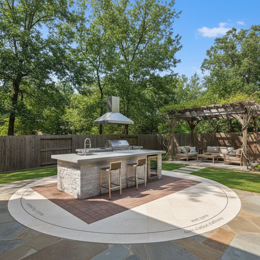 Outdoor kitchen dimensions showing clearance zones and work triangles