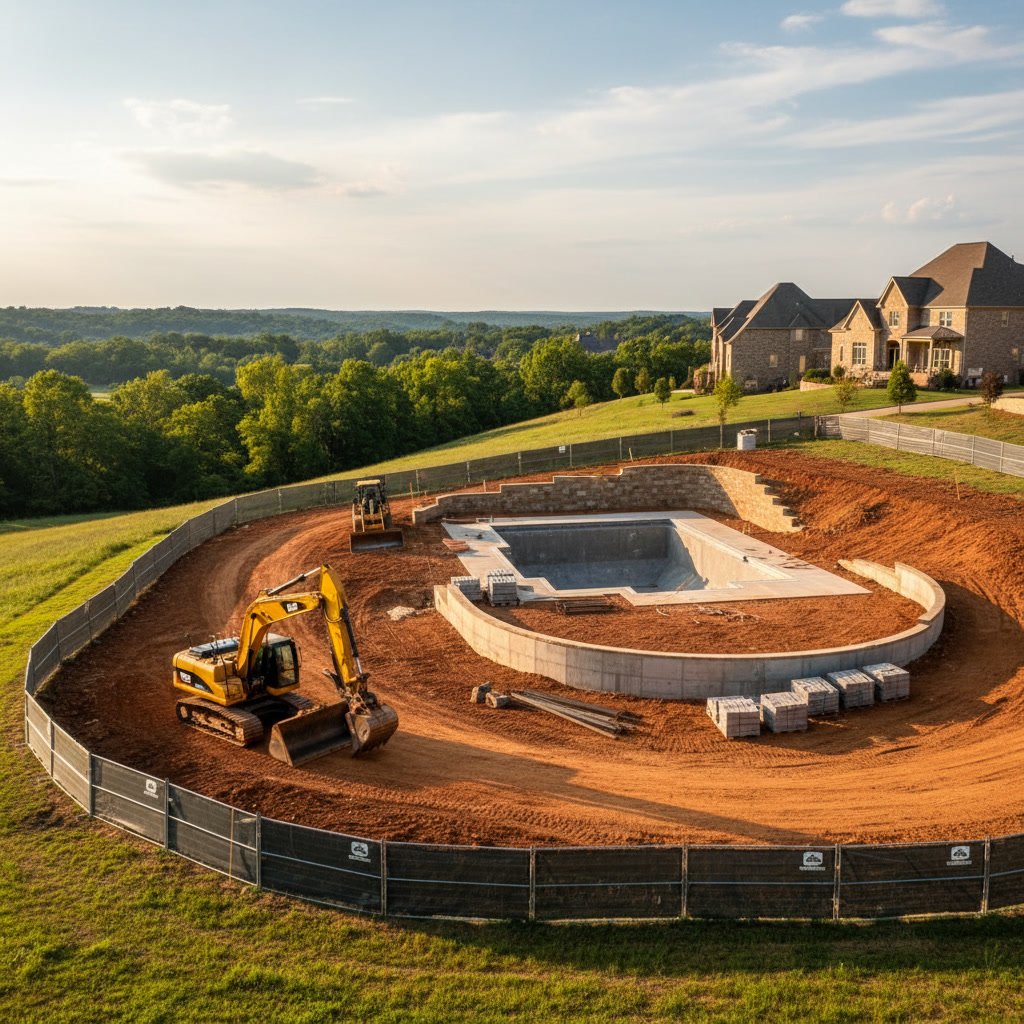 Tiered retaining wall and custom pool installation on sloped property in Smyrna TN