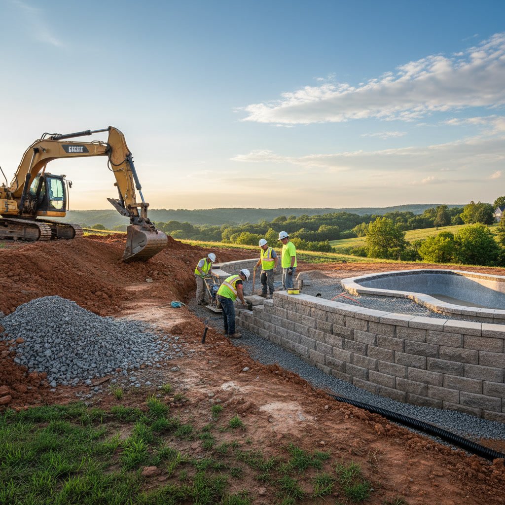 Retaining wall assembly with geogrid reinforcement for a custom backyard pool