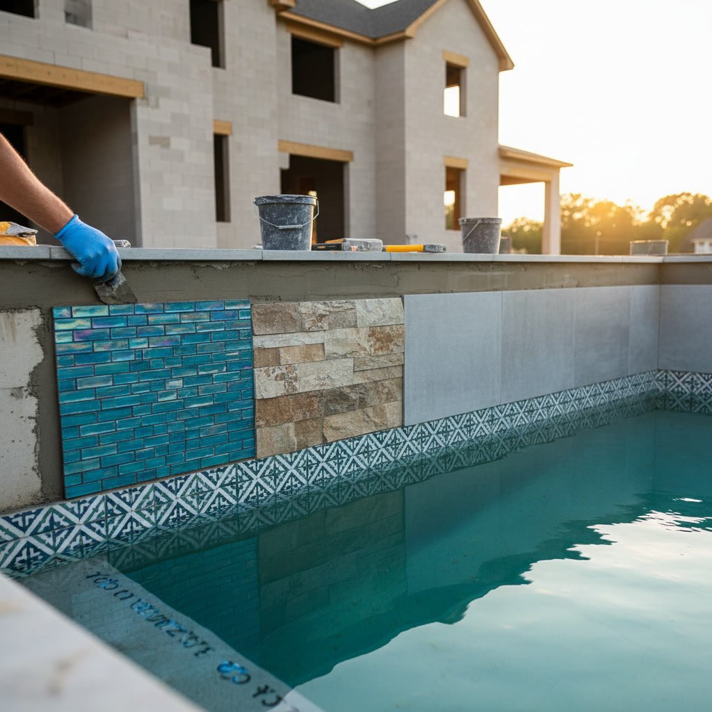 Completed ICF pool with finished interior and decking in Nashville Tennessee backyard
