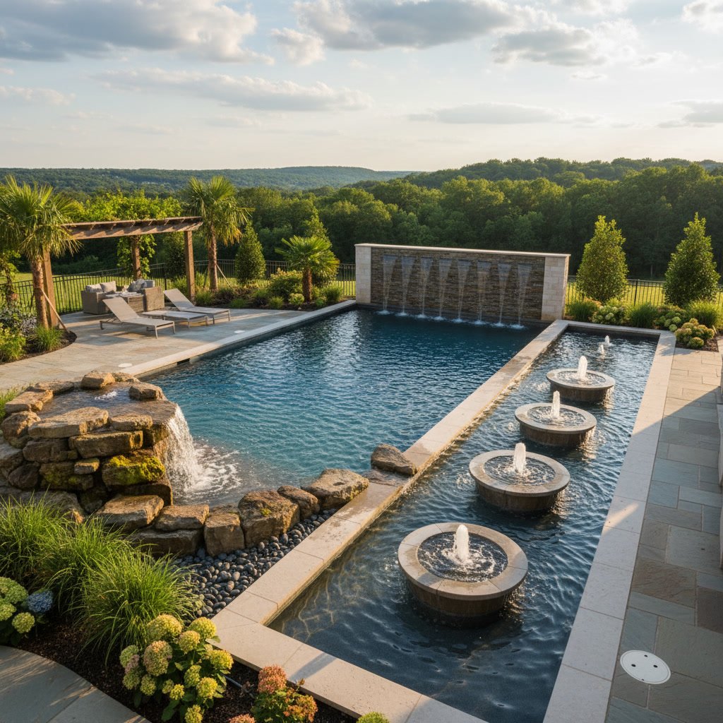 Complete Nashville backyard hardscape with custom pool, patio, and outdoor kitchen