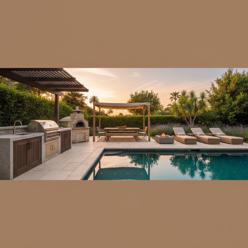 Complete Brentwood backyard with outdoor kitchen, custom pool, and patio hardscaping
