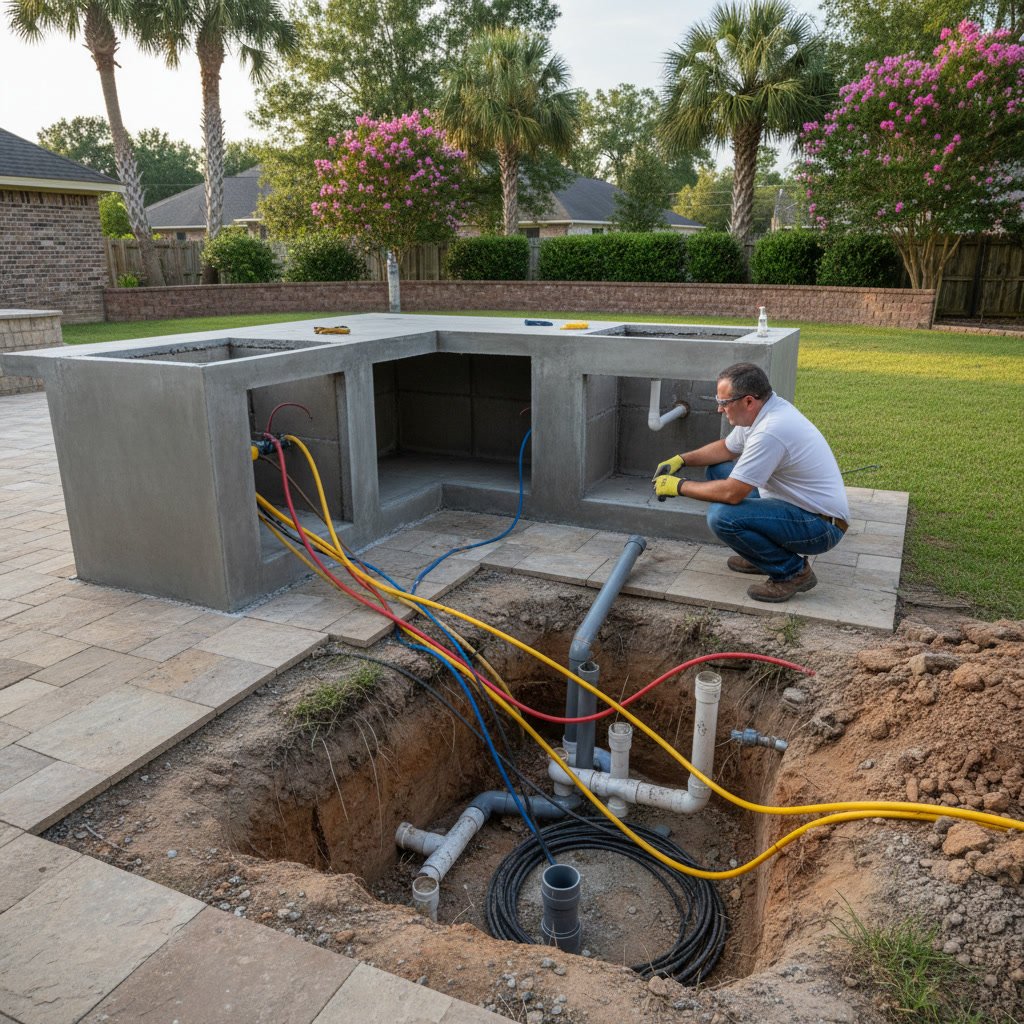 Complete outdoor kitchen and patio area showing integrated design in Spring Hill