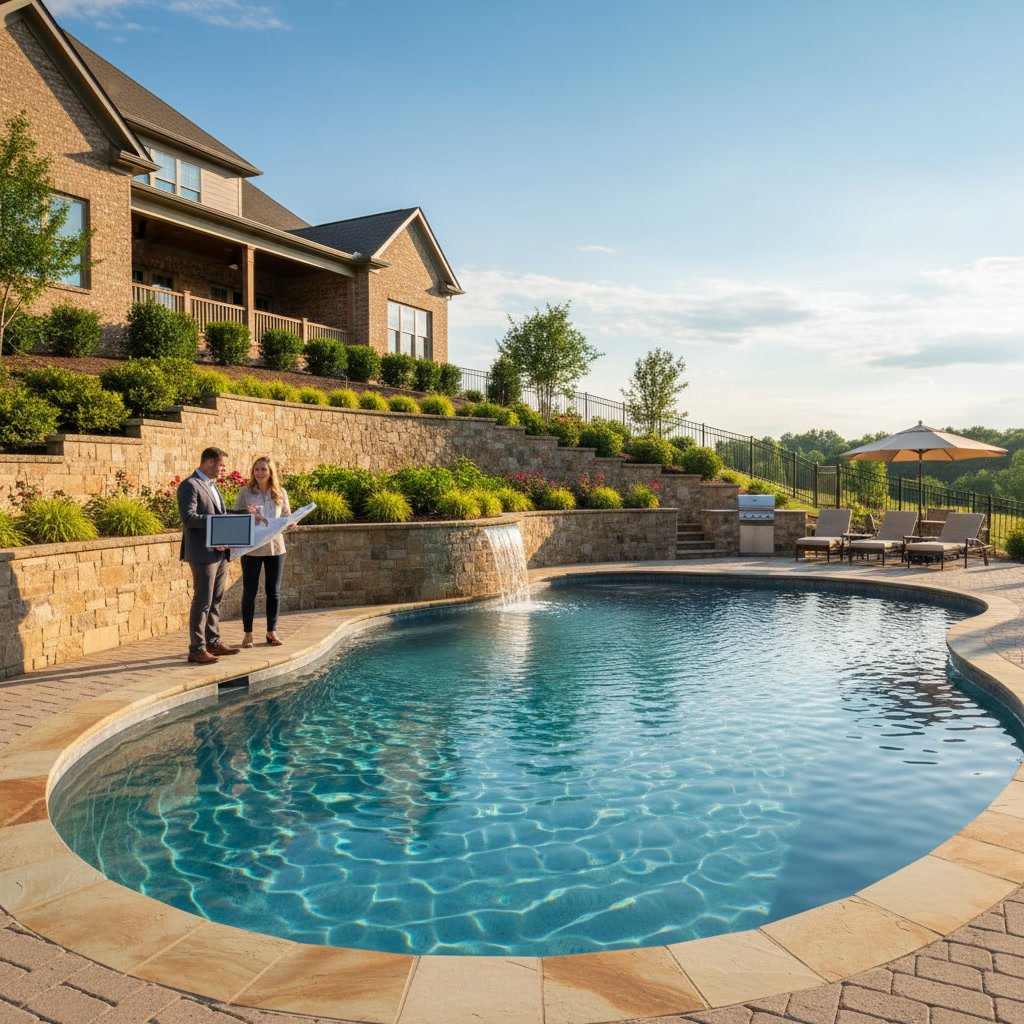 Completed retaining wall and pool project with patio and landscaping in Smyrna Tennessee