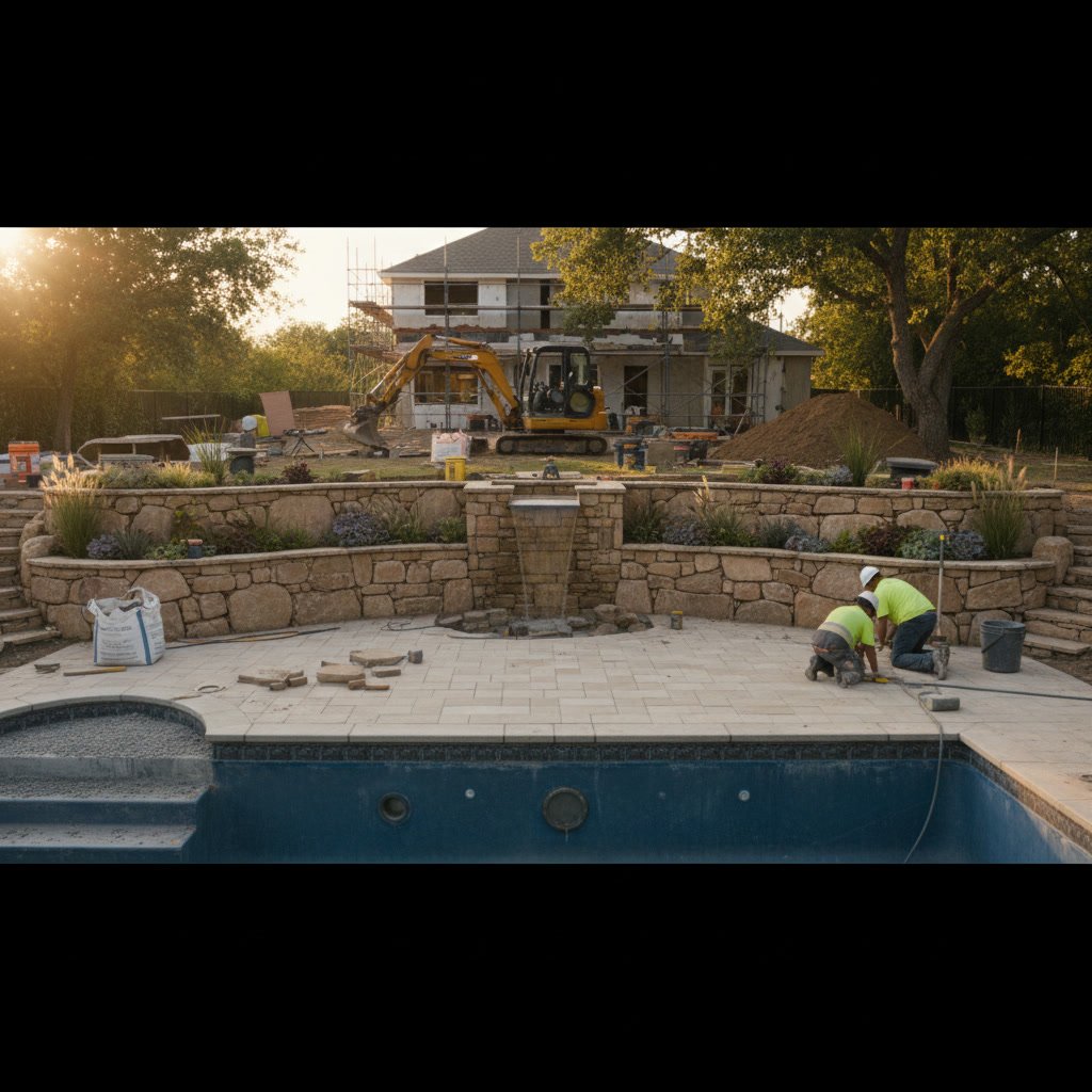 Finished retaining wall integrated with pool deck and patio hardscape